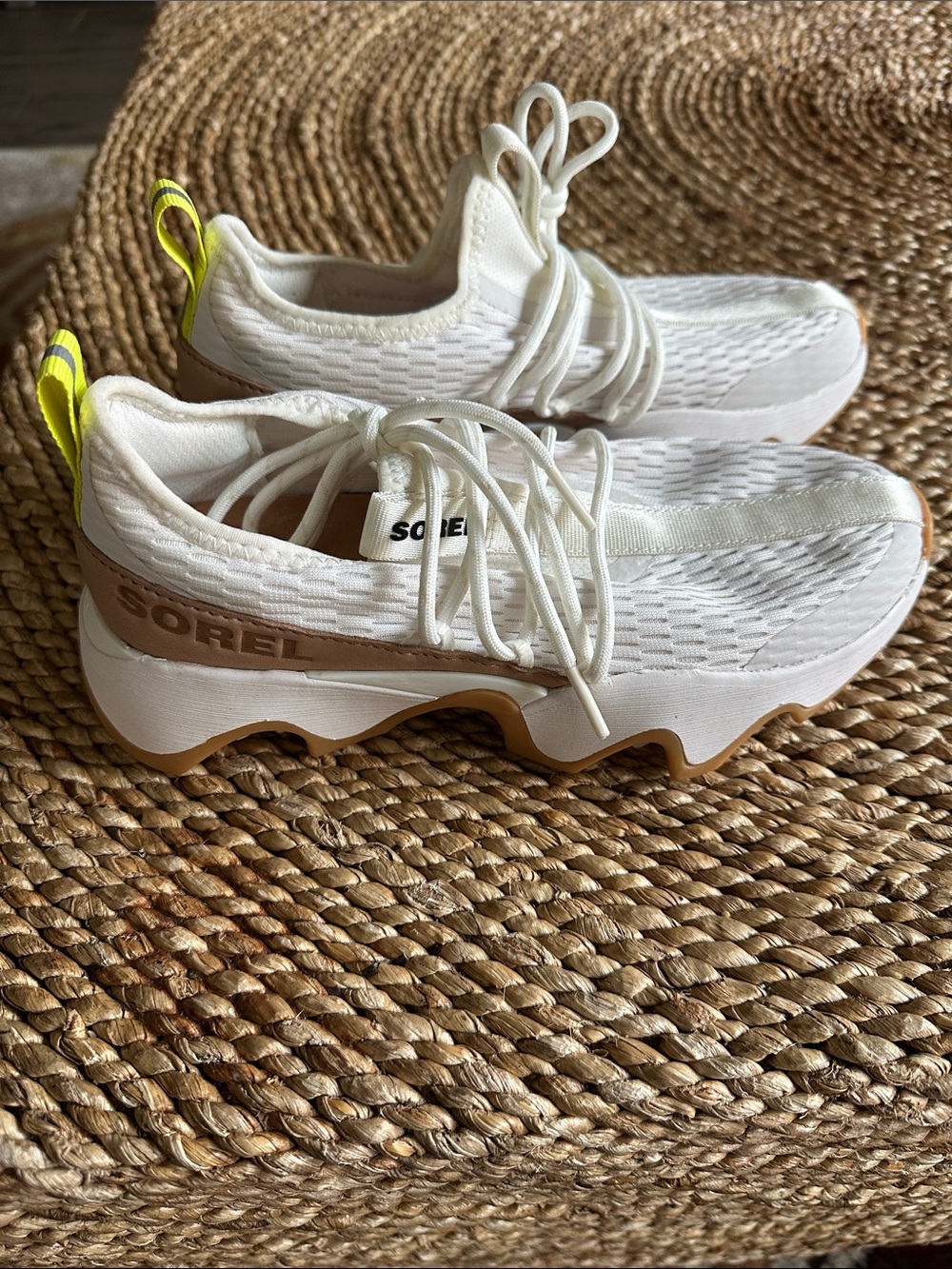 Sorel Women's White Knit Sneakers with Neon Yellow Heel Tabs size 5.5
